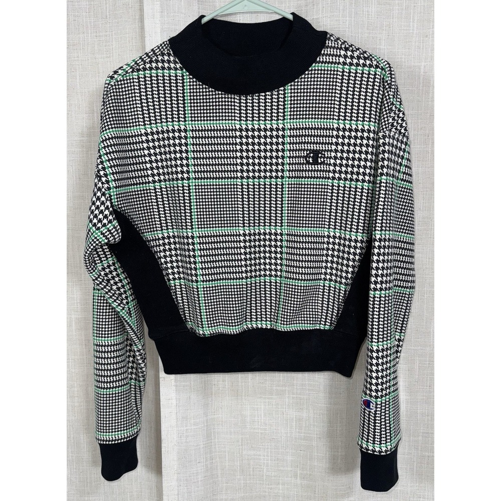 Vintage Champion White Black Green Houndstooth Cropped Sweatshirt Women's Size S